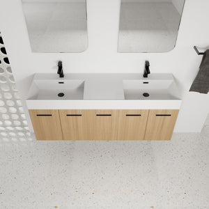 Floating Double Sink Bathroom Vanity With Extra Large Storage, Integrated Sink, Soft Close Doors, Wall Mounted Bath Vanity - Glossy White / Light Oak
