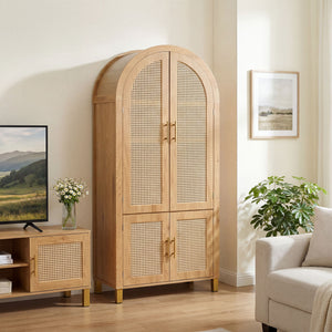 Tall Arched Cabinet With Rattan Doors & Adjustable Shelves
