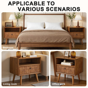 Nightstand With Carved Geometric Drawer Front, 1 Drawer And Open Shelf