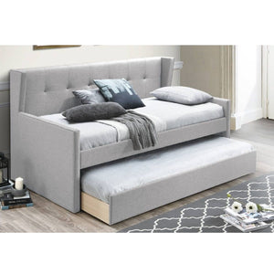 Daybed With Slat Trundle, Button Tufted - Light Gray