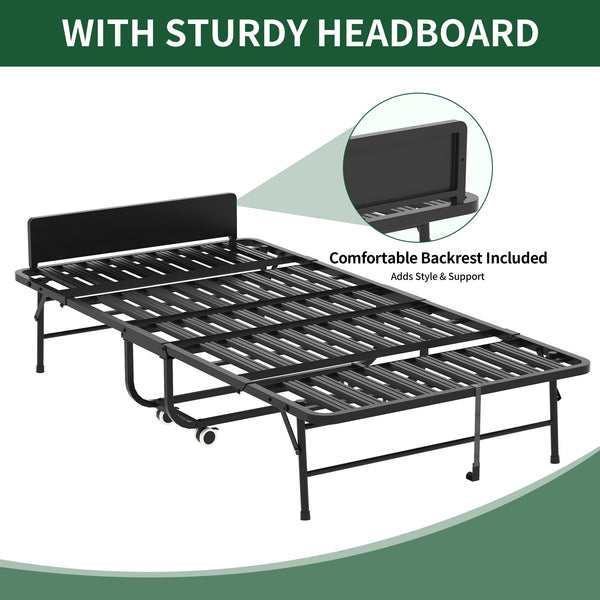 Twin Adjustable Headboard Folding Bed With Memory Foam Mattress, Heavy-Duty Frame Cot For Tall People, Portable Guest On Wheels - Black