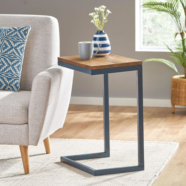 C Shaped End Table With Iron Base And Fir Wood To