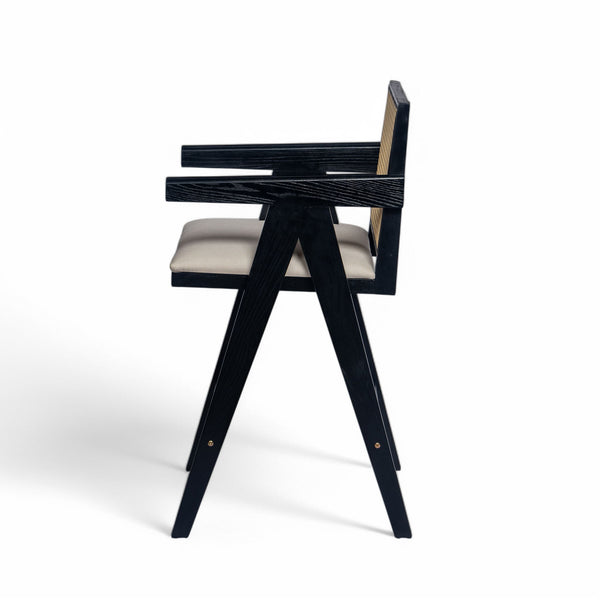 Woven Cane Plastic Backrest Bar Stool Foam Padded Fabric Seat & Durable Rubberwood Frame - Cream Gray