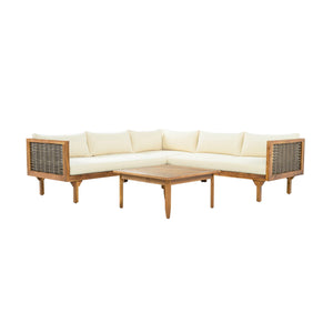 Premium Outdoor Sofa Set With Waterproof Cushions Sectional Seating Group With Acacia Wood And Wicker - Brown Mix / Beige