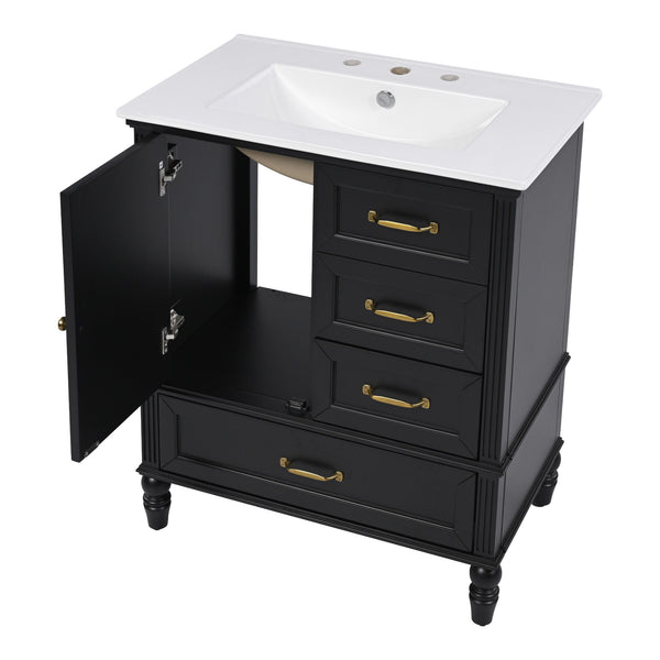 30" Bathroom Vanity With Sink, 3 Drawers, Adjustable Feet