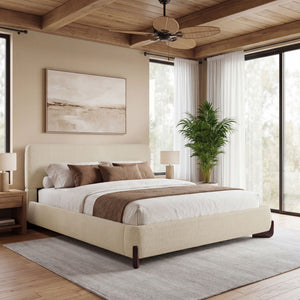 King Upholstered Bed With Slats Support - Beige