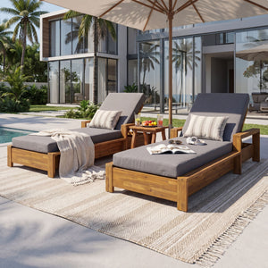 Chaise Lounge With Armrests, 2 Fold Cushion Set, 3 Position Adjustable Backrest, For Patio Pool - Dark Gray / Teak