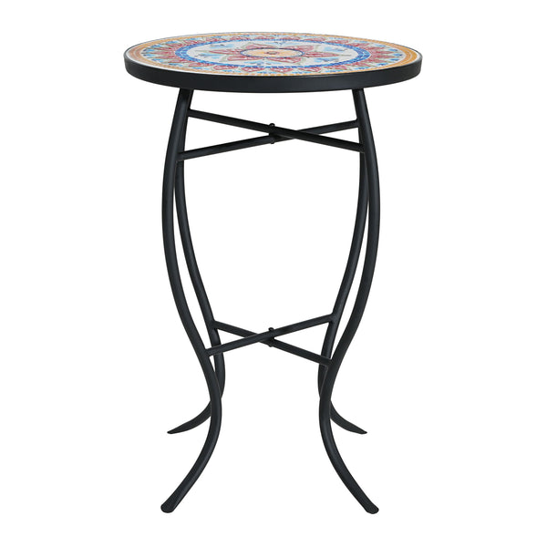 Outdoor Round Side Table With Mosaic Style Top And Curved Iron Legs