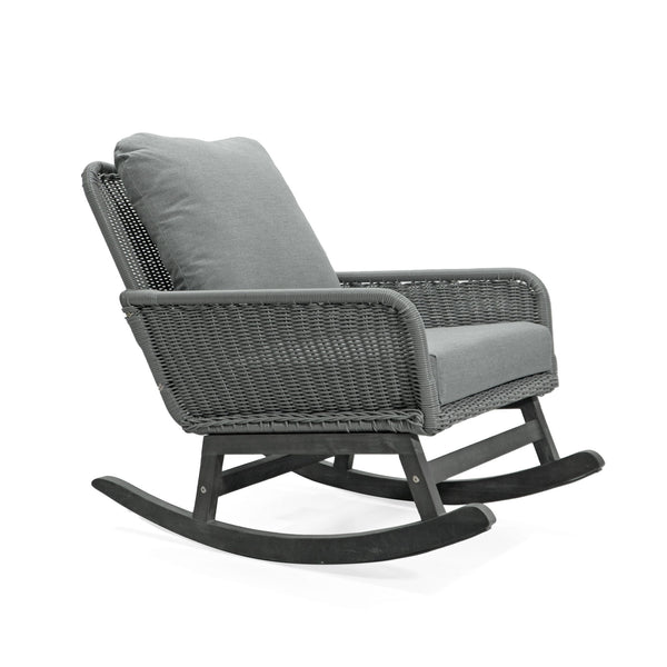 Modern 3 Piece Outdoor Seating Set With Cushioned Rattan Rocking Chairs And Wooden Accent Table