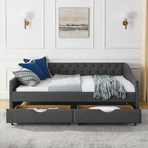 Full Size Upholstered Daybed With Tufted Back And Nail Trimmed Waved Arms - Dark Gray
