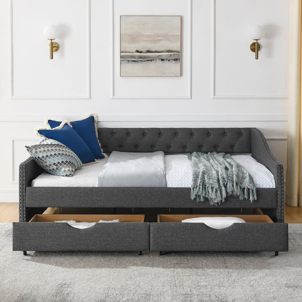Full Size Upholstered Daybed With Tufted Back And Nail Trimmed Waved Arms - Dark Gray