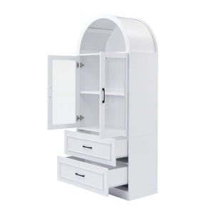 Arched Top Storage Cabinet With Fixed 2 Tier Shelves, 2 Large Drawers