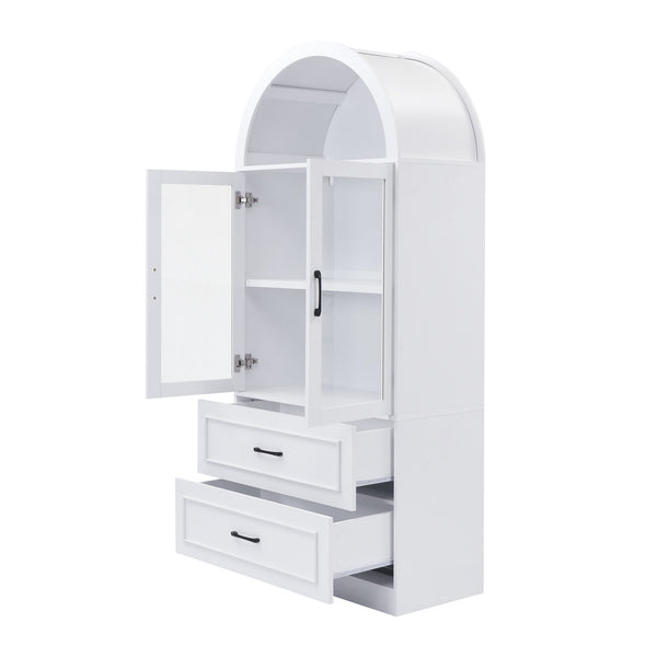 Arched Top Storage Cabinet With Fixed 2 Tier Shelves, 2 Large Drawers