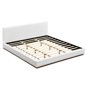 Elegant Boucle Upholstered Bed With Wood Grain Textured Solid Wood Base Frame