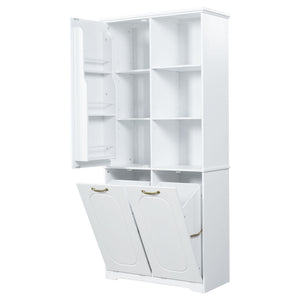 Freestanding Tall Storage Cabinet With 2 Tilt Out Hampers, Adjustable Shelves, Soft Close Door, Door Mounted Organizer - White