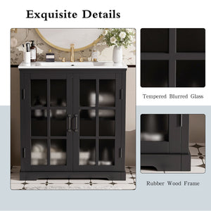 Modern Bathroom Vanity With Ceramic Sink, Tempered Blurred Glass Doors