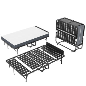 Twin Folding Bed With Adjustable Headboard, Memory Foam For Tall People, Heavy-Duty Portable On Wheels, Easy Assembly - Black