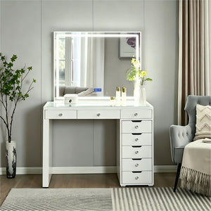 Makeup Vanity Desk With LED Lighted Mirror, 9 Drawers For Bedroom - Gloss White