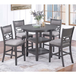 5 Piece Counter Height Dining Set With Storage Shelves Round Table And Upholstered High Chairs - Gray