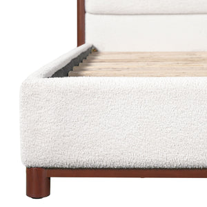 King Upholstered Bed Frame, No Box Spring Needed - Walnut / White