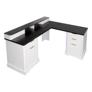Fluted L-Shaped Desk With Charging Station & Storage Cabinet