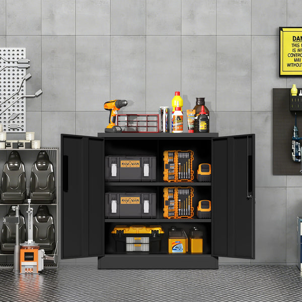 Heavy Duty Storage Cabinet With Lock, 2 Door File Cabinet With 2 Adjustable Shelves - Black