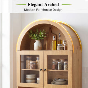 Tall Arched Pantry Cabinet With Charging Station, Adjustable Shelves, Coffee Bar