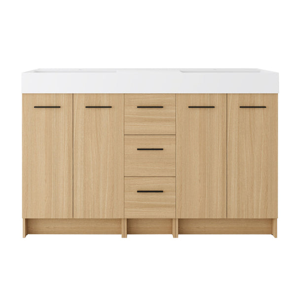 Double Sink Bathroom Vanity With 3 Drawers, Large Storage, Integrated Sink, Freestanding Cabinet, Soft Close Hardware - Glossy White / Light Oak