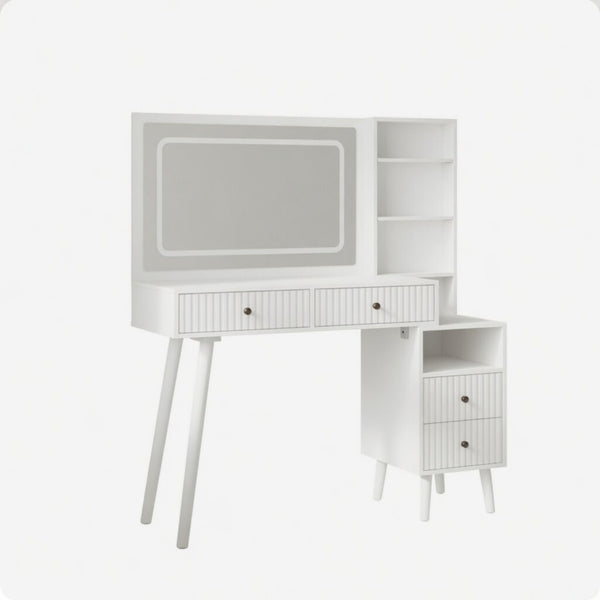 Fluted Vanity Desk With Lighted Mirror & Outlet 4 Drawer, Makeup Table - White