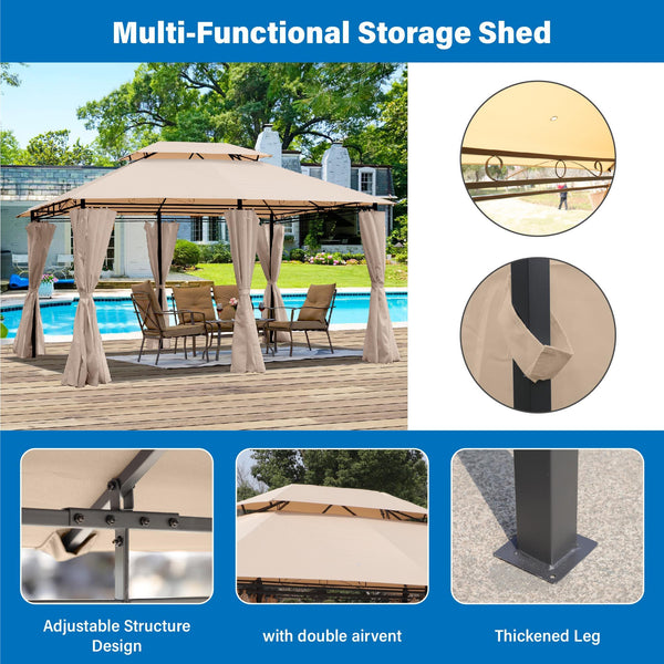 Outdoor Patio Gazebo Tent With Ventilated Double Roof And Sidewall