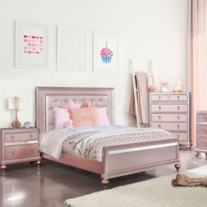 Nightstand With Mirror Accent Panels, 2 Drawer Design - Rose Gold