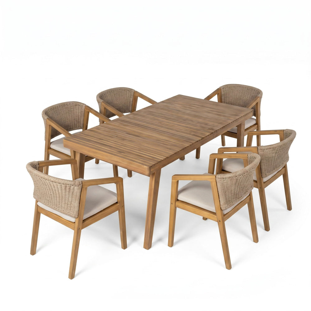 7 Piece Outdoor Dining Set With Rectangular Table And 6 Arm Chairs - Beige / Brown / Brown Mix / Light Teak