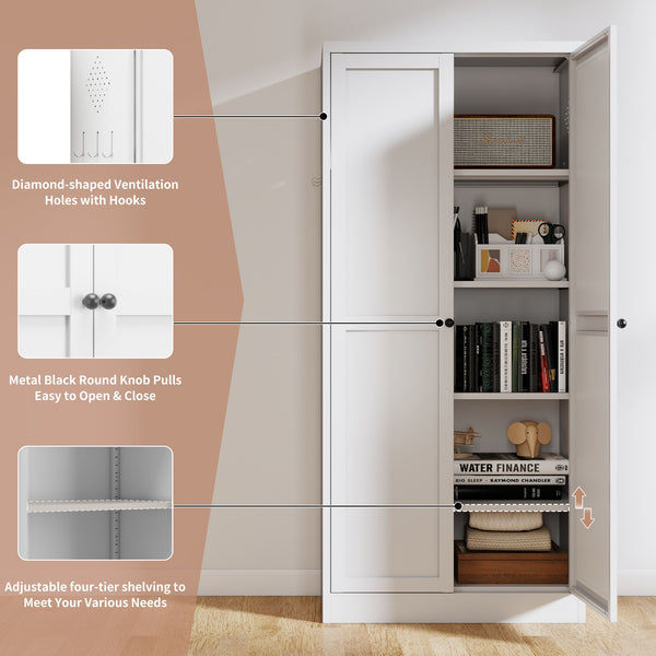Metal Kitchen Pantry Cabinet With Adjustable Storage And 4 Heavy Duty Shelves - White
