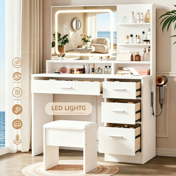 Vanity With LED Mirror And Storage Drawers For Bedrooms - Cream White