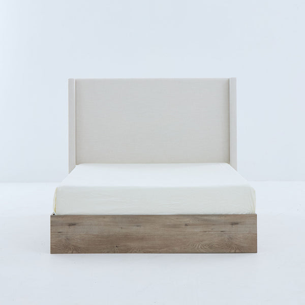 Shelton - Queen Upholstered Wingback Bed With 54" High Headboard - Ivory / Light Gray / Camel Oak