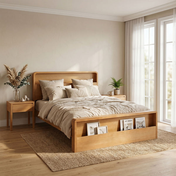 Queen Bed Frame With Dual Open Storage Headboard And Footboard, No Box Spring Needed - Light Brown
