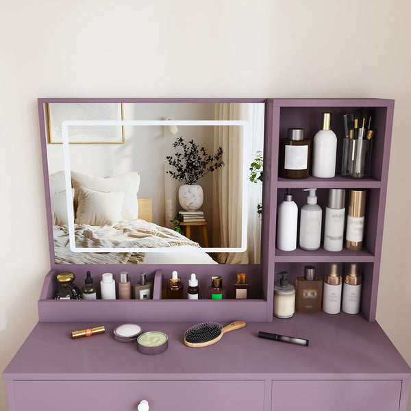 Vanity Desk Set With Padded Stool & Adjustable LED Mirror, 3 Color Mode Lighting, Compact For Bedroom - Purple