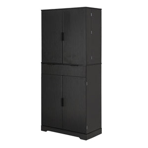 Fluted Kitchen Pantry Cabinet With 3 Keyboard Drawers & 6 Adjustable Door Shelves