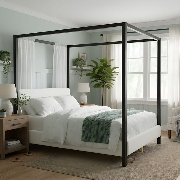 Queen Canopy Bed With Upholstery - White / Black