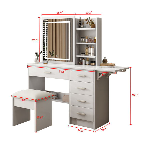 Fashion Vanity Desk With Mirror And Lights For Makeup, 5 Drawers, Adjustable Lighting - White