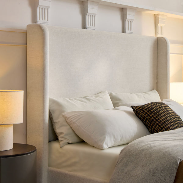Caron - King Size Upholstered Wingback Bed With High Headboard - Ivory