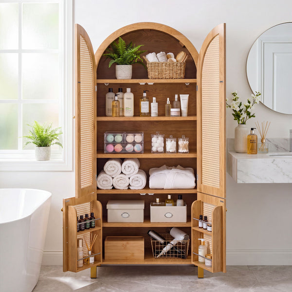 Tall Arched Cabinet With Rattan Doors & Adjustable Shelves