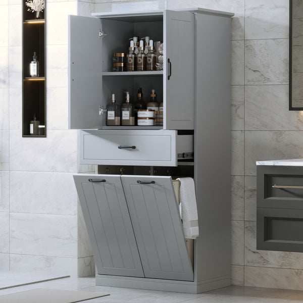 Modern Bathroom Storage Cabinet With Two Laundry Baskets, One Drawer, Adjustable Shelf