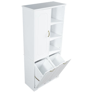 Freestanding Tall Storage Cabinet With 2 Tilt Out Hampers, Adjustable Shelves, Soft Close Door, Door Mounted Organizer - White