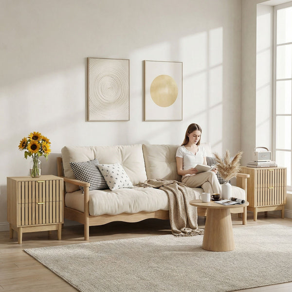 Bedside Table With Grille Design And 2 Drawers, Side Table For Bedroom - Oak
