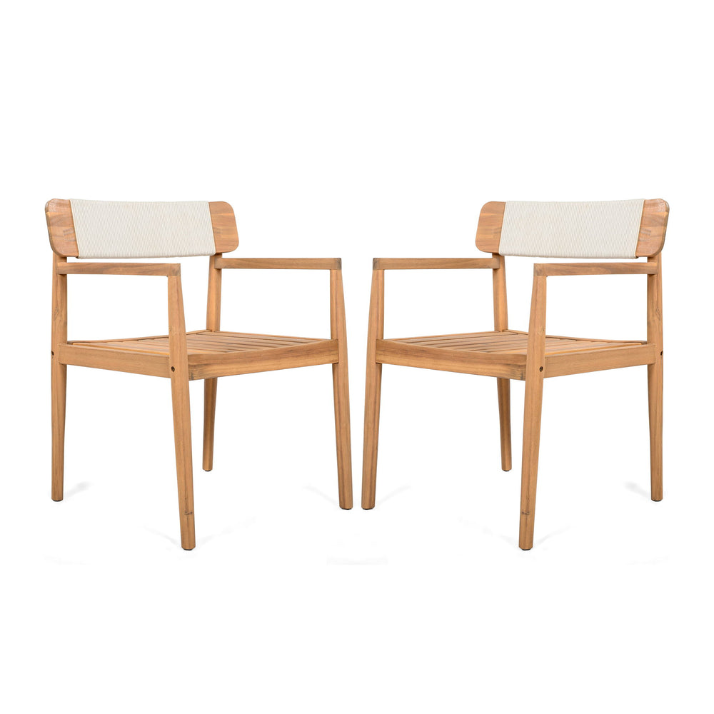 Creative Braided Acacia Wood Outdoor Dining Table And Chairs With Armrests (Set of 2) - Teak / White