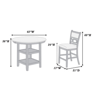 5 Piece Counter Height Dining Set With Storage Shelves Round Table And Upholstered High Chairs - Gray