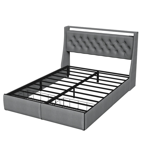Floating Bed Frame With Rgb LED Light, 2 Storage Drawers & Headboard Shelf