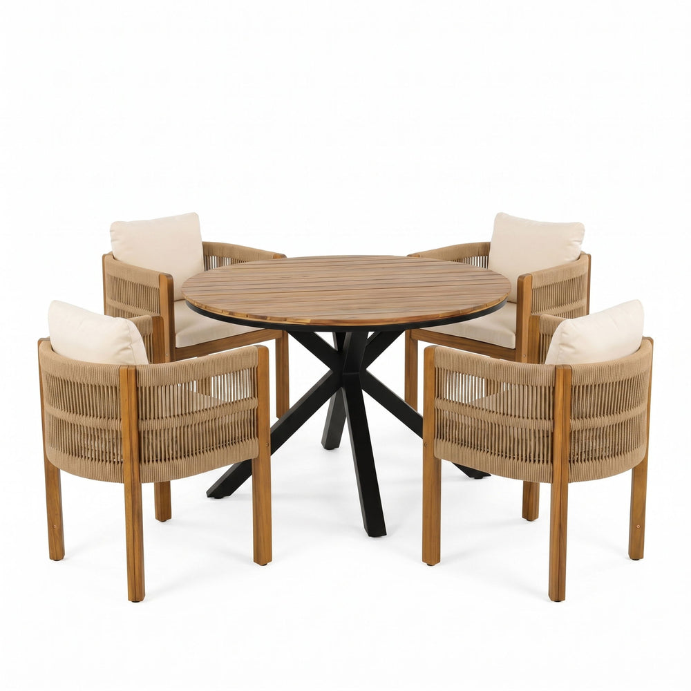 5 Piece Outdoor Dining Set With Round Table And 4 Wrapped Chairs - Black / Brown / Teak