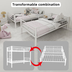 Metal Bunk Bed For Kids, Convertible Bedframe With Ladders & Guardrail